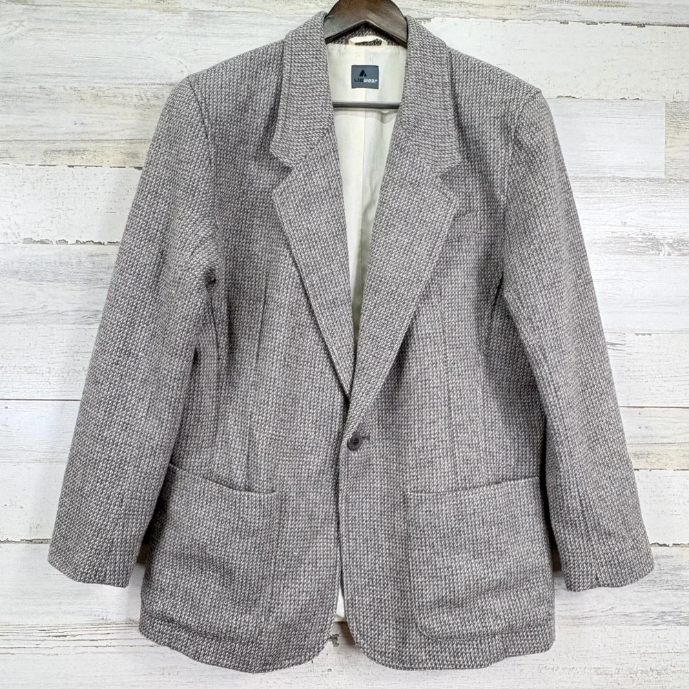 Lizwear Womens Soft Tweed Blazer Jacket‎ Gray Wool Mohair Blend Textured Size 12